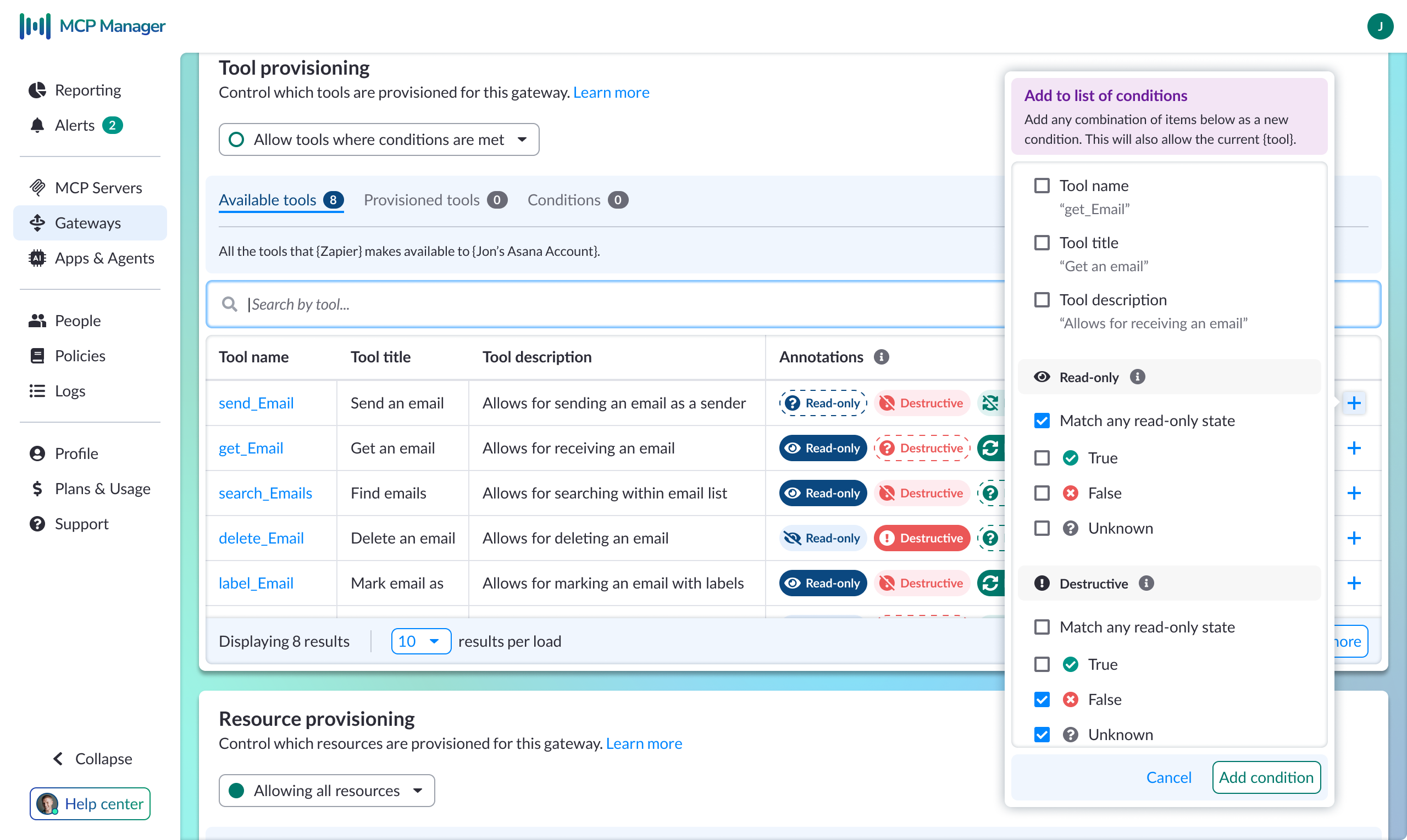Annotation-aware condition builder showing tool provisioning table with Read-only, Destructive annotations and a condition popover with true/false/unknown states