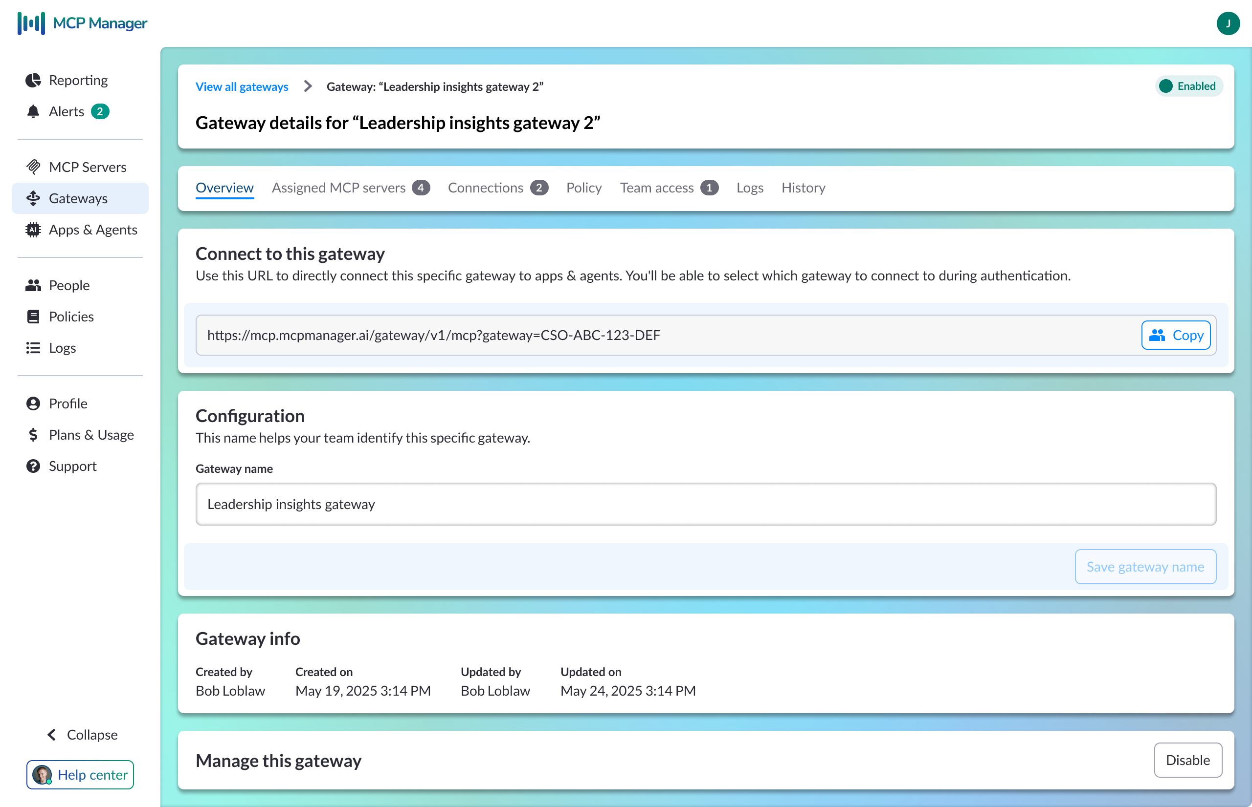 Gateway configuration screen showing connection URL, assigned MCP servers, team access, and audit history