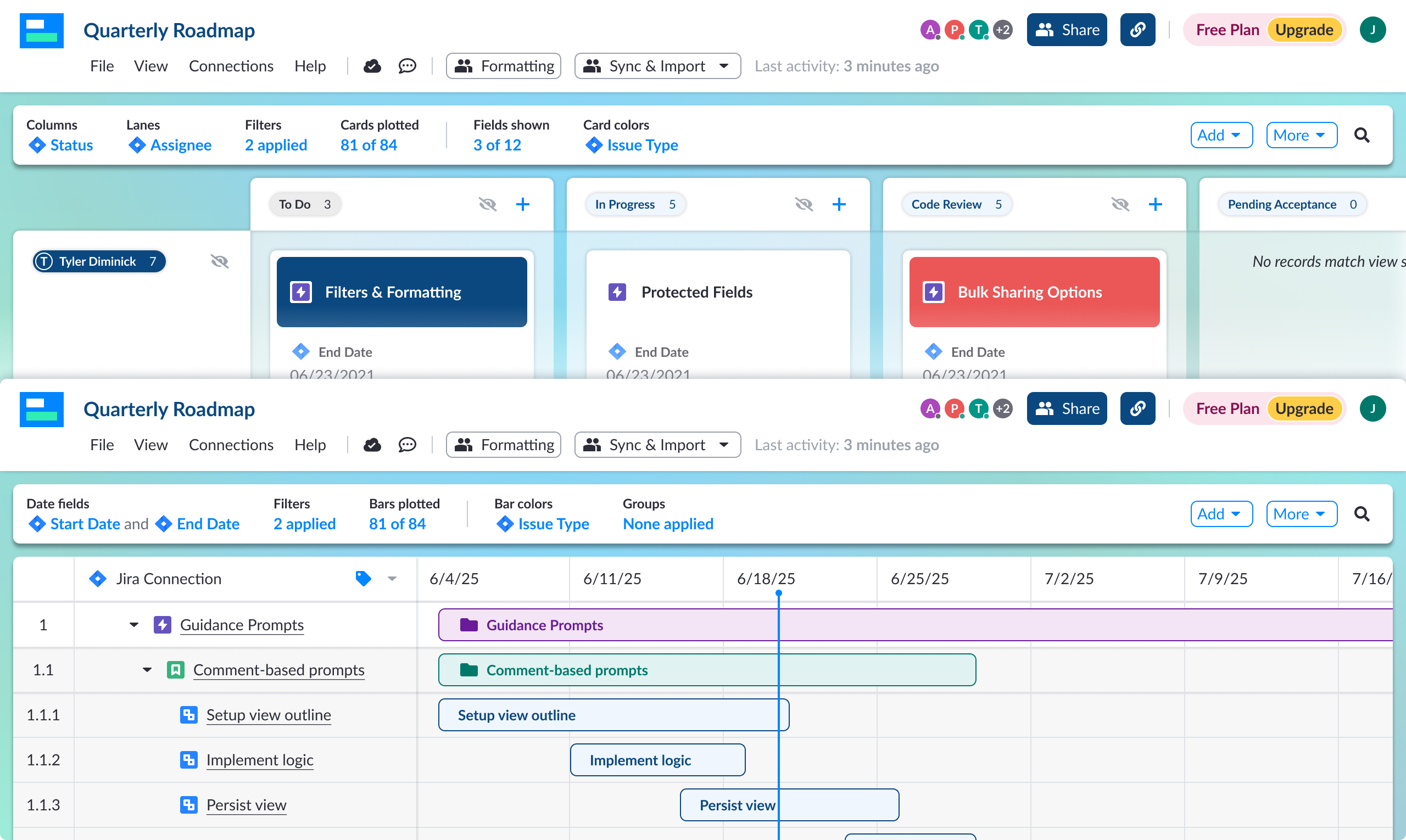 Visor Board and Gantt views showing the View Orientation Bar with active configuration state — columns, filters, bars plotted, bar colors