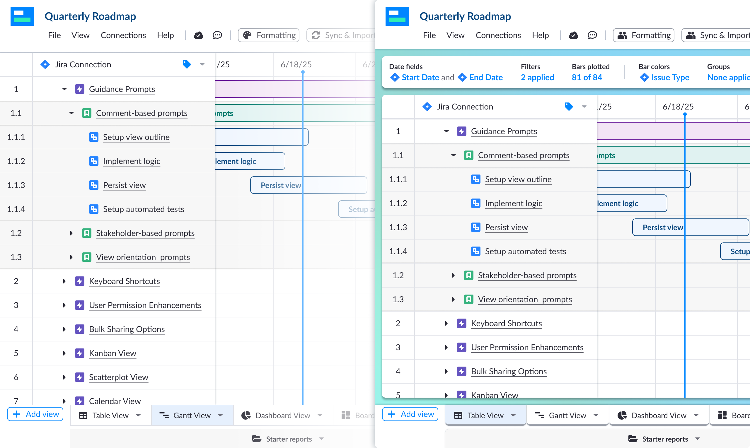 Side-by-side comparison of Visor Gantt view without and with the View Orientation Bar, showing before and after states